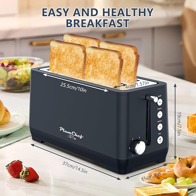 4-Slice Toaster, Extra Wide Long Slot Toaster, 6 Browning Settings, Bagel/Defrost/Reheat Functions, Removable Crumb Tray, Stainless Steel Housing (Matte Black)