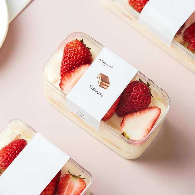 Plastic Rectangle Dessert Cups Boxes with Lids and Sporks,packaging for baked,Cookie Tiramisu Containers for Fruit,Pudding,Mousse,Parfait Cups With Lids(20, Rect 4.6*2.4*2 IN-Boxes+Sporks+stickers)