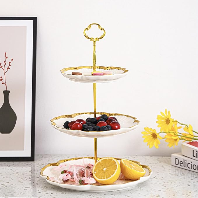 3 Tier Porcelain Serving Tray with Elegant Floral Gold Trim - Embossed Food Grade Tiered Cupcake Stand - Serving Stand for Parties & Weddings & Baby Showers