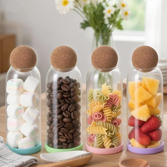 4 pcs 34oz/1000ML Glass Storage Container with Ball Cork Glass Jars with Cork Lids Glass Food Storage Containers with Ball Stopper Coffee Canister for Beans,Nuts,Oats,Spices,Candies,Biscuits