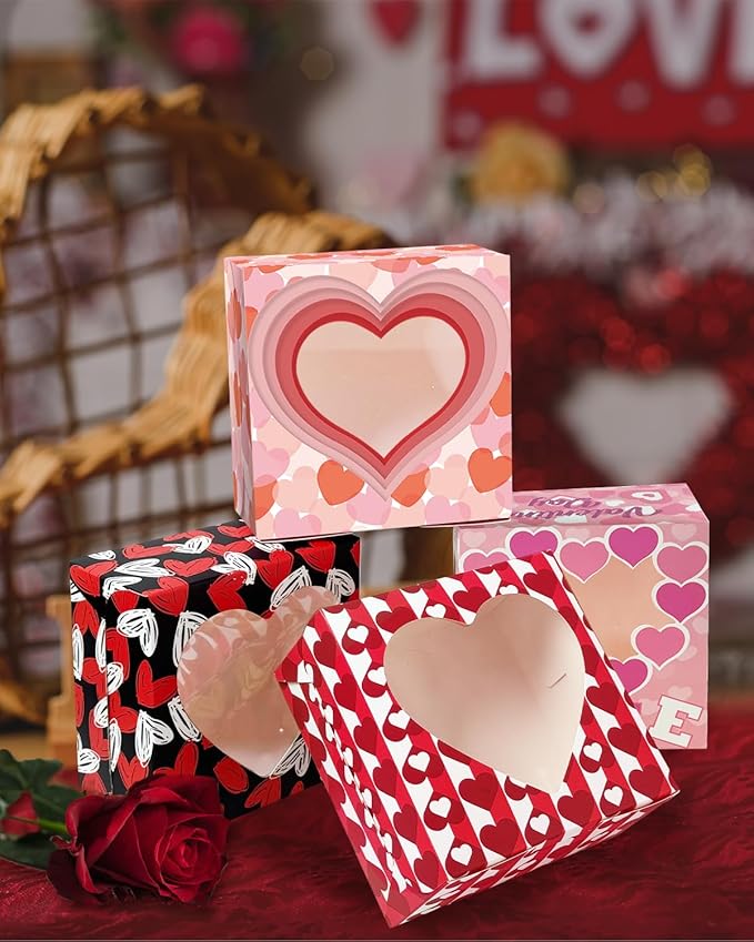 Bakepacker Valentine 30-Packs Bakery Boxes with Window 6x6x3 inches Thick & Sturdy Macaroon Pastry Boxes Cookie Boxes for Bakerys