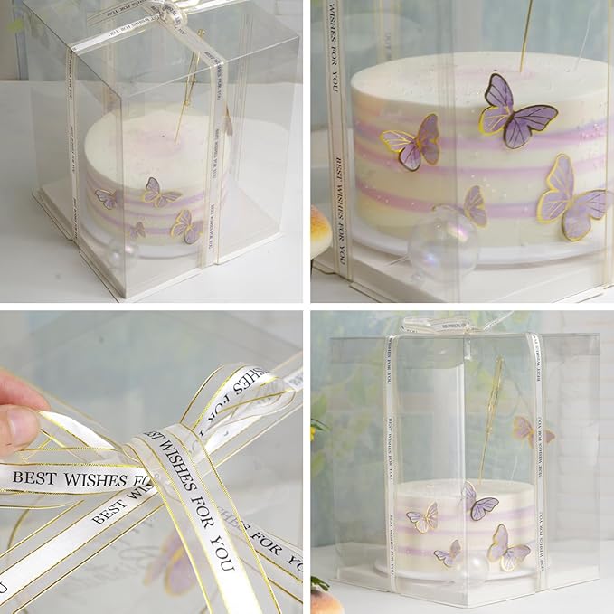 8 Pcs 10x10x12Inch Clear Cake Box with Ribbon, PET Tall Cake Boxes, Clear Gift Boxes for 8 Inch Cake, Bakery Transport Container, Transparent Display Box for Birthday Wedding Party