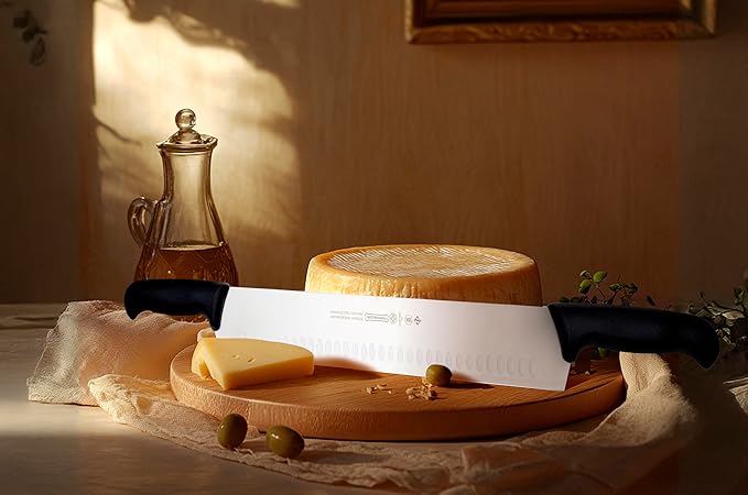Mundial 16-Inch Carbon Stainless Steel Cheese Slicer Knife – Double Handle, Granton Edge for Non-Stick Cutting, Includes Safety Sleeve Protector, Ideal for Blocks of Cheese