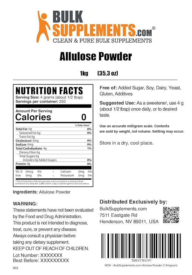BulkSupplements.com Allulose Powder - Allulose Sweetener, Sugar Substitutes for Baking, Sugar Alternative - Pure & Gluten Free, 4g per Servings, 1kg (2.2 lbs) (Pack of 1)