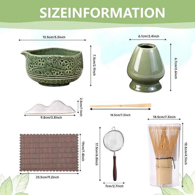 7 Pcs Matcha Whisk Set, Ceremony Matcha Kit with Matcha Bowl, Bamboo Whisk and Holder, Scoop and Scoop Rest, Sifter and Tea Towel, Gift for Matcha Lovers (Green/Cherry Blossom-Patterned 2)