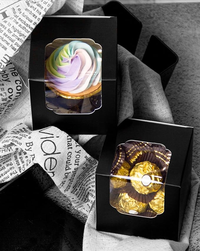qiqee Black Cupcake Boxes Individual Cupcake Container 100pcs 3.5" x 3.5" x 3.5" Auto-Pop up Single Cupcake Boxes(100 Boxes+100 Inserts)