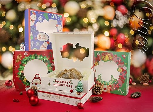 qiqee New Christmas Pie Boxes with Window 10x10x2.5 Inch 12Packs Cookie Donut Bakery Box