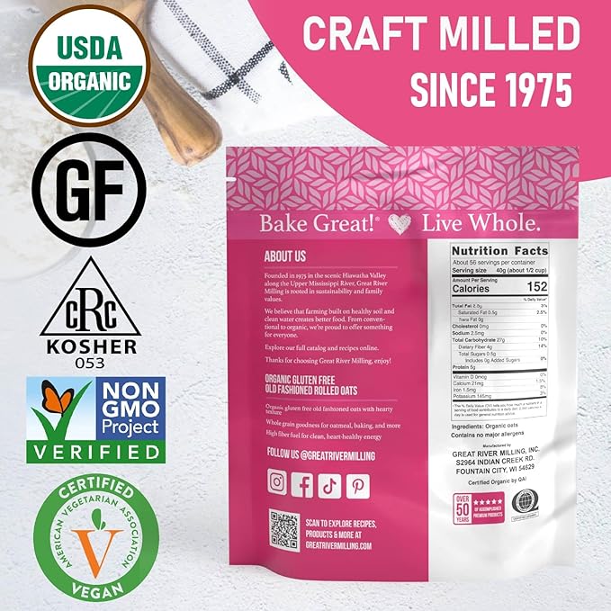 Great River Milling Organic Old Fashioned Rolled Oats | Gluten Free Whole Grain, USDA Organic, Non-GMO, Kosher | Hearty Texture for Oatmeal, Granola, Cookies, Baking & Meal Prep | 2 Lb