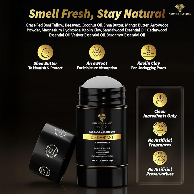 100% Natural Deodorant - Baking Soda & Aluminum Free - Gentle for Sensitive Skin - Long Lasting Protection (Sandalwood)