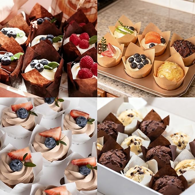 150pcs Tulip Cupcake Liners - Muffin Paper Baking Cups, Greaseproof Wrapper Holders for Birthday, Wedding, Party, Baby Showers, Catering, Restaurants(Brown,White,Light Brown)