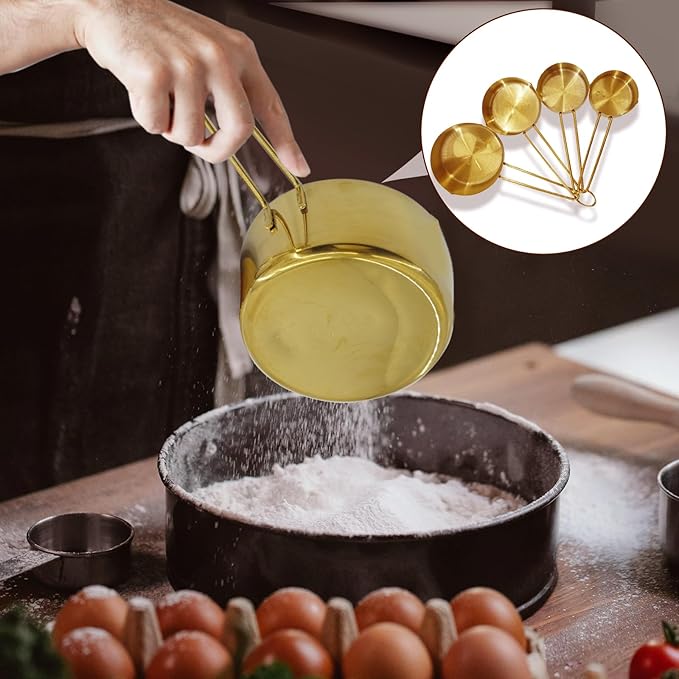 Gold 304 Stainless Steel Measuring Cup and Spoon Set, Stackable, 8-Piece, Long Handle for Narrow Bottles, Premium Gold Kitchen Utensils for and Cooking