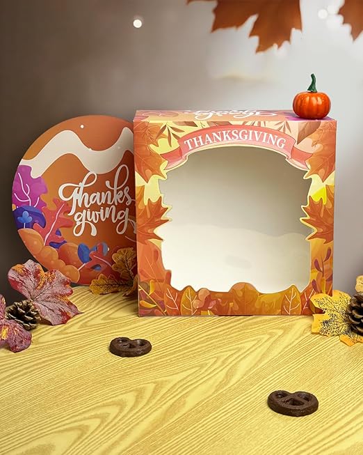 qiqee Thanksgiving 4pcs 10x10x5 inches Cake Boxes with Window 4Packs, 10 Inch Bakery Boxes Orange Maple Leaf Thanksgiving (4 cake boxes +4 Cake Boards Included)