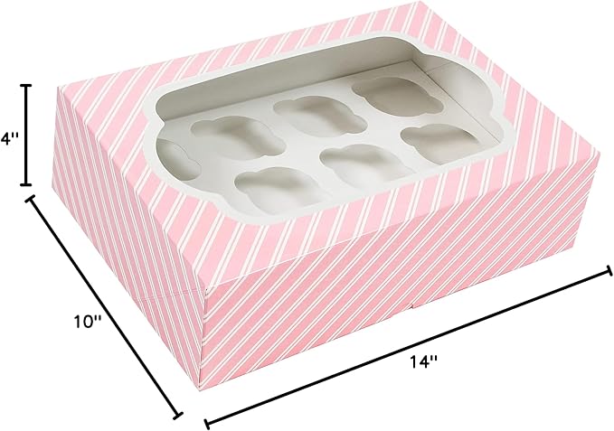 Global Sugar Art Auto-Popup Quarter Sheet Cake & Cupcake Box with Window and Cupcake Insert, Pink Striped 14 x 10 x 4 Inches, 5 Count