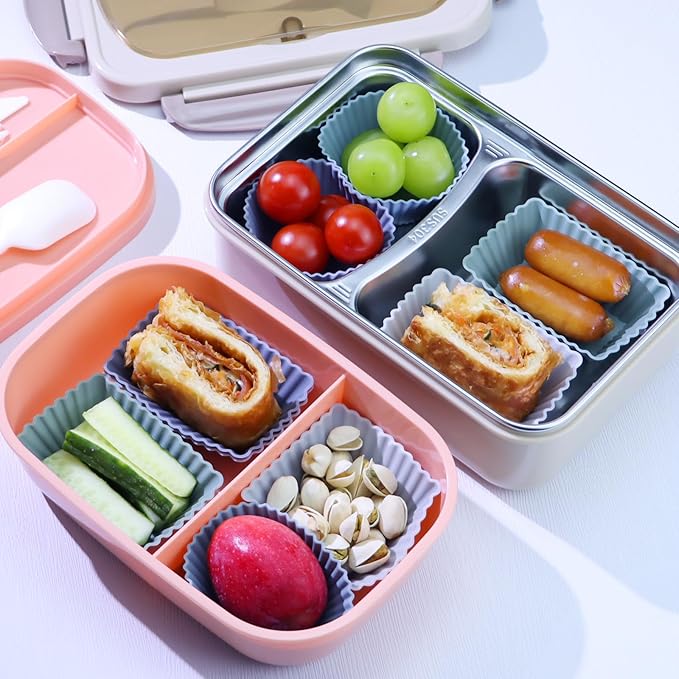 24Pack Silicone Muffin Cups, Reusable Cupcake Liners Molds for Baking, 3 Shapes Lunch Box Bento Dividers-Round, Square, and Rectangular (Grey Series, Regular Size)