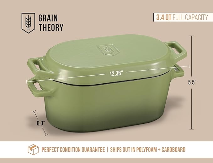 KooK Dutch Oven, for Bread Baking, Sourdough Loaf Pan, Dual Handles, Enameled Cast Iron, with Sling, Dishwasher Safe, 3.4 Qt, Sage Ombre
