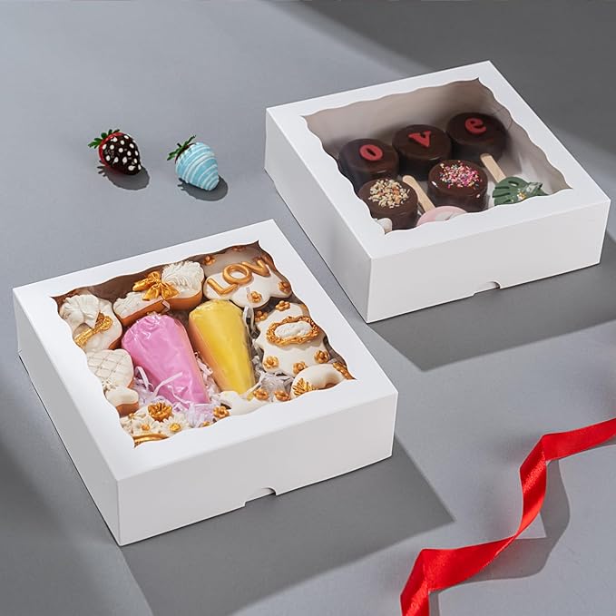 15pcs 8x8x2 Inches White Bakery Boxes for Christmas - Cookies, Chocolate Covered Strawberries, Cakesickles, Brownies, Chocolate Truffles