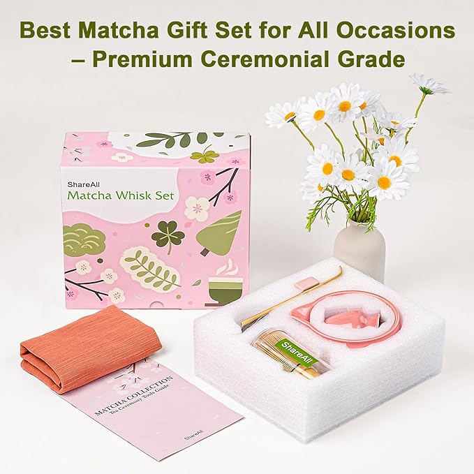 Matcha Whisk Set, 7Pcs Matcha Set - Matcha Bowl with Spout, Handcrafted Bamboo Whisk Chasen & Ceramic Holder, Steel Sifter, Towel, Matcha Kit for Tea Lovers, Timeless Ideal Gift (Pink)