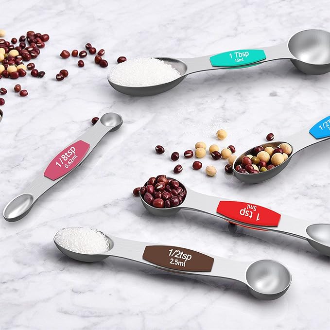 Measuring Cups and Magnetic Measuring Spoons Set, Wildone Stainless Steel 8 Measuring Cups, 7 Double Sided Stackable Magnetic Measuring Spoons, 1 Leveler & 5 Mini Spoons - 21 Piece Multicolor
