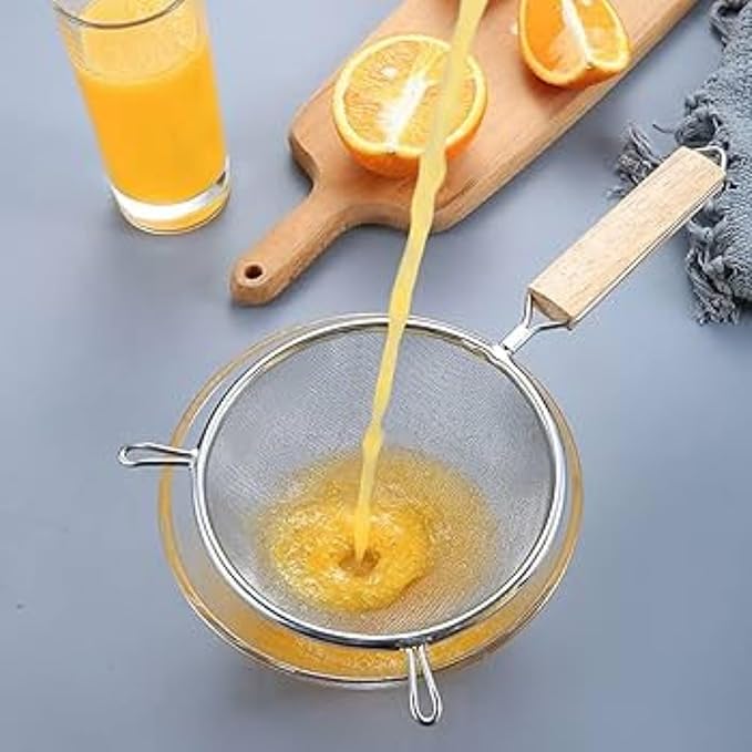 Strainer 8-Inch Diameter Medium Stainless Steel Fine Mesh Single Mesh Tan Handle Silver Sieve Kitchen Cooking Food Filter Handheld Multipurpose Strainer