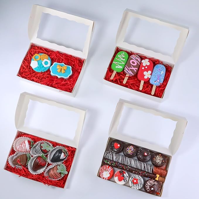 RomanticBaking 8x5x2 Inch 21PCS Cookies Boxes Chocolate Covered Strawberries Boxes Bakery Boxes with Window for Cakesickle Chocolate Truffle Pretzel & Party favors Packing