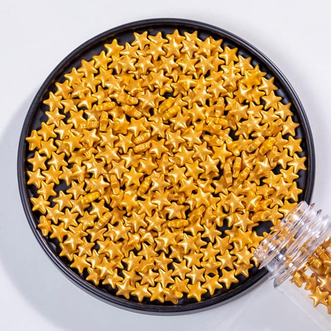 Gold Star Sprinkles,Cake Sprinkles,Cookie Sprinkles,Sugar Pearl, Edible Candy Pearls 7mm 130g 4.6OZ for Cake Cupcake Decorationg (GoldStar)