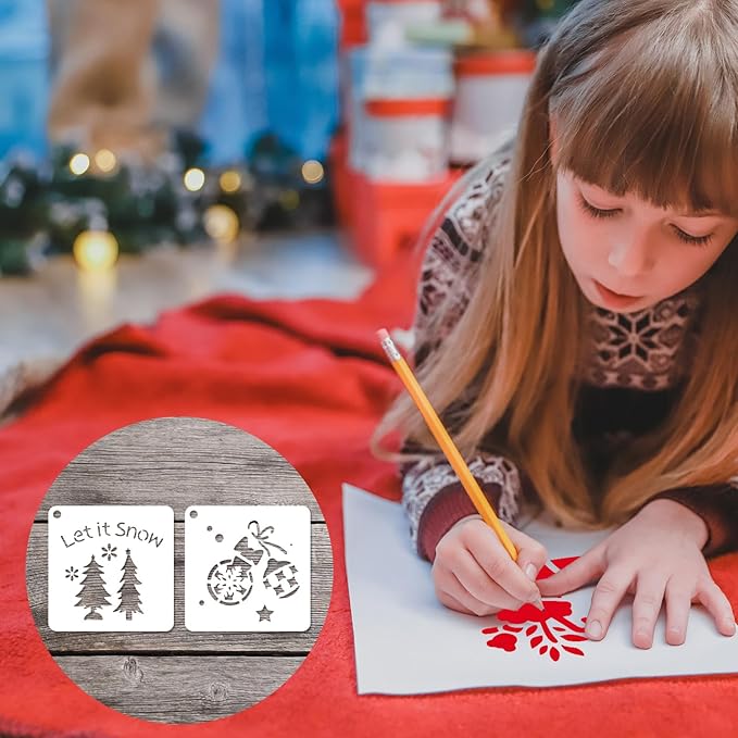 24 Pcs Small Christmas Stencils, 3" Christmas Stencils for Painting On Wood, Reusable Snowflake Santa Claus Christmas Tree Drawing Painting Holiday Stencil for DIY Card Craft Home Decor