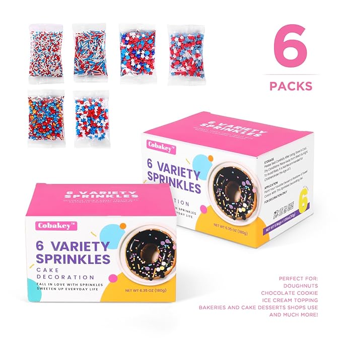 Edible Patriotic Sprinkles Nonpareils Red White and Blue 4th of July for Cake Decorating Baking, Ice Cream, Cookies, Cupcake Topper (6 Packs)