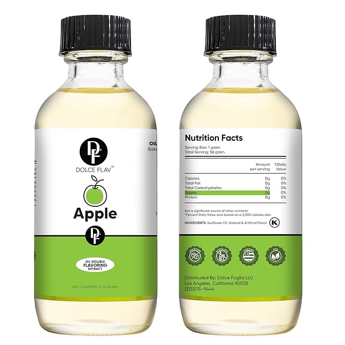 Dolce Flav Apple Extract – 2 Ounce Oil-Soluble Kosher, Sugar-Free, Concentrated Crisp Apple Flavoring for Baking, Chocolates & Desserts, Includes Measured Dropper, Pack of 2