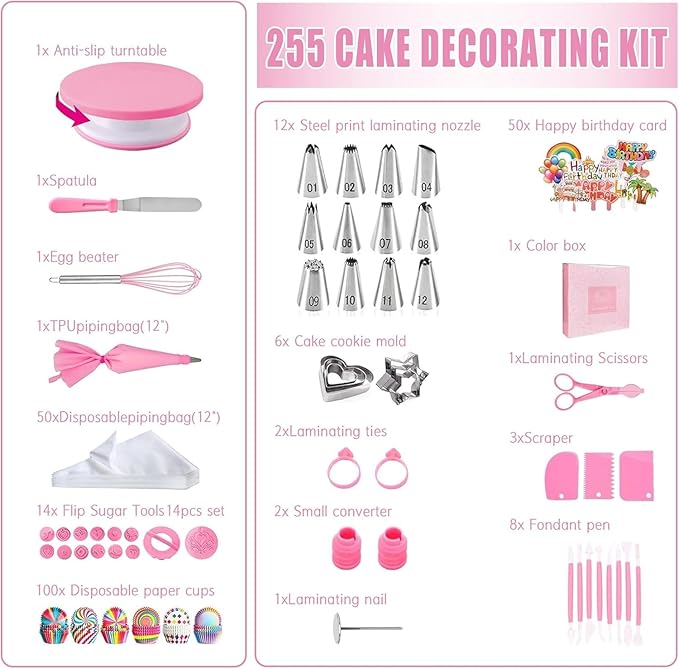 Cake Decorating Kit,Piping Bags and Tips Set,Cake Decorating Supplies,Frosting Piping Kit,Cake Baking Supplies for Beginners (255PCS)