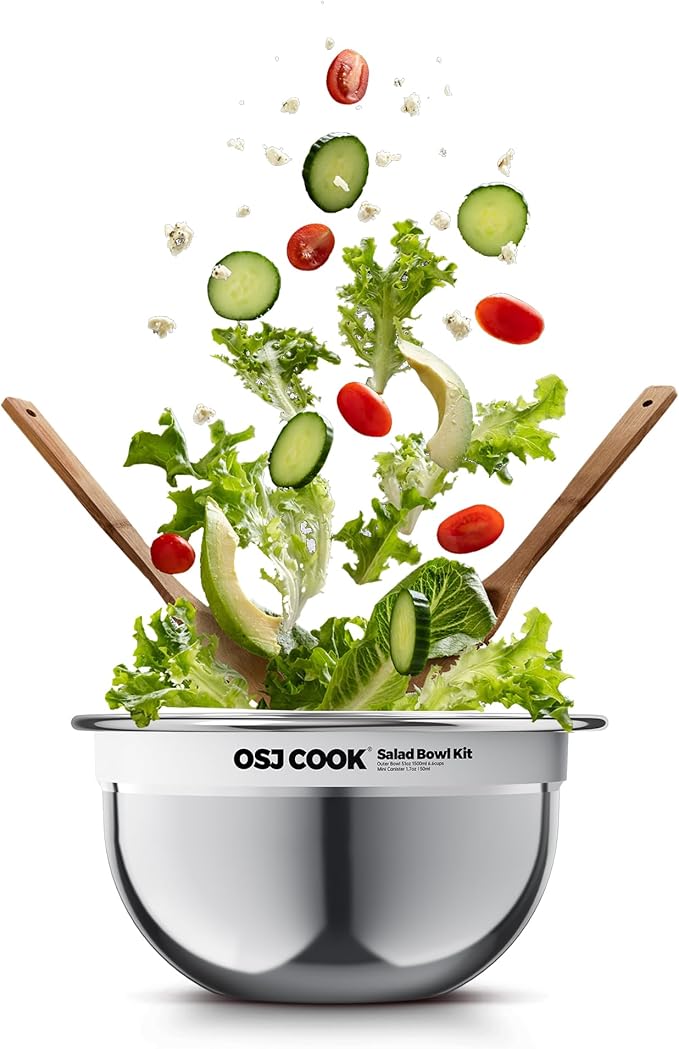 18/8 Stainless Steel Salad Bowl Kit - 74oz, Mixing Bowls with Lids Set, Teakwood - Comes with 1.7oz Condiment Container and Removable Tray for Organization - Leak-Proof, Dishwasher Safe (Mirror)