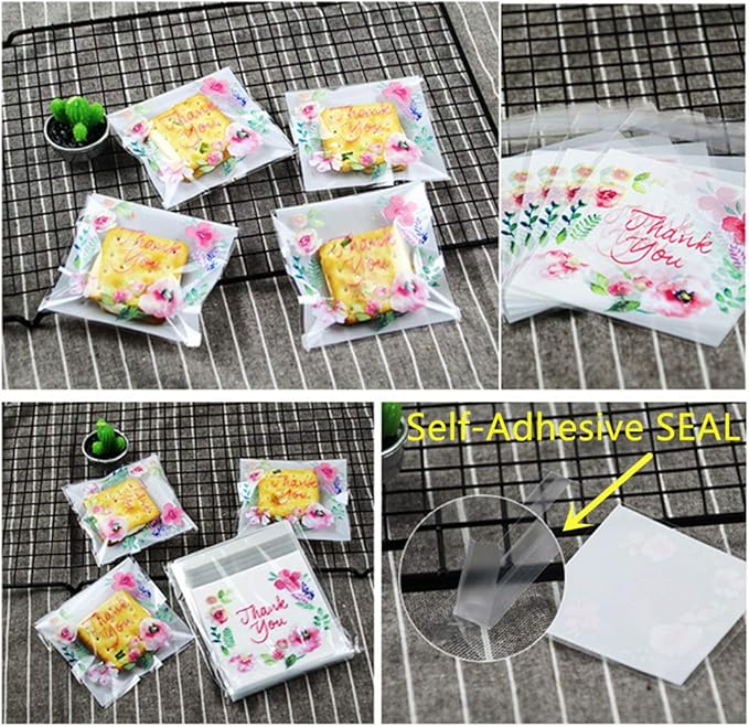 200pcs 5.5x5.5in Thank You Candy Bags Individual Cookie Wrappers Pink Flower Self Adhesive OPP Cookie Bakery Bags Roasting Treat DIY Translucent Plastic pouches