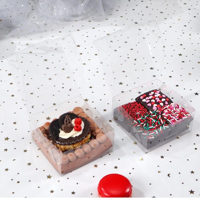 50pcs 4x4x2 Inch Plastic Clear Pastry Boxes - Cookies, Doughnuts, Soap, Truffle, Brownie, Cake, Chocolate Covered Strawberries & Treat Boxes for Party Favors & Wedding