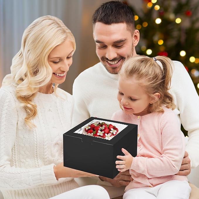 KPOSIYA 40pcs 8x8x5 inches Cake Boxes with Cake Boards(20 Boxes & 20 Boards), Black 8 inch Cake Boxes with Window,Cajas Pasteles Square Cardboard Cake Containers for Christmas Thanksgiving