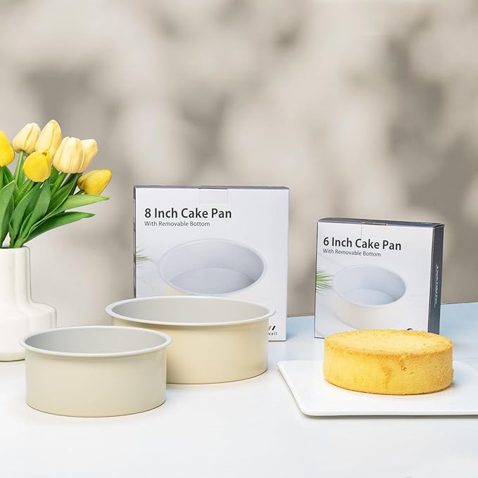 Guowall 8 inch Cake Pan Removable Bottom Carbon Steel with Nonstick Coating Chiffon Cake Tin Round Shaped Cheese Cake Mould for Baking - Cream Color