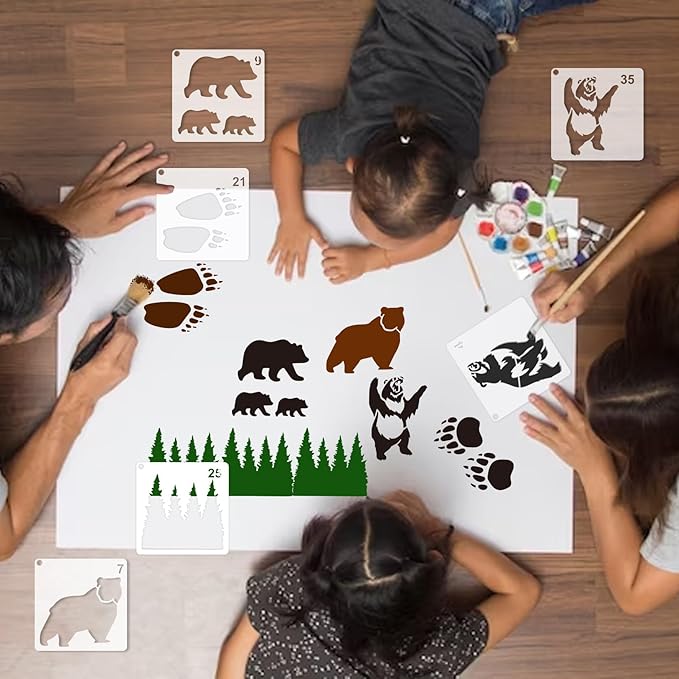 35 Pack Bear Stencils for Painting on Wood, Pine Tree Stencils Bear Claw Wildlife Animal Stencil Template for DIY Craft Wall Fabric Rock Chalkboard Sign School Art Scrapbook Projects (Bear)