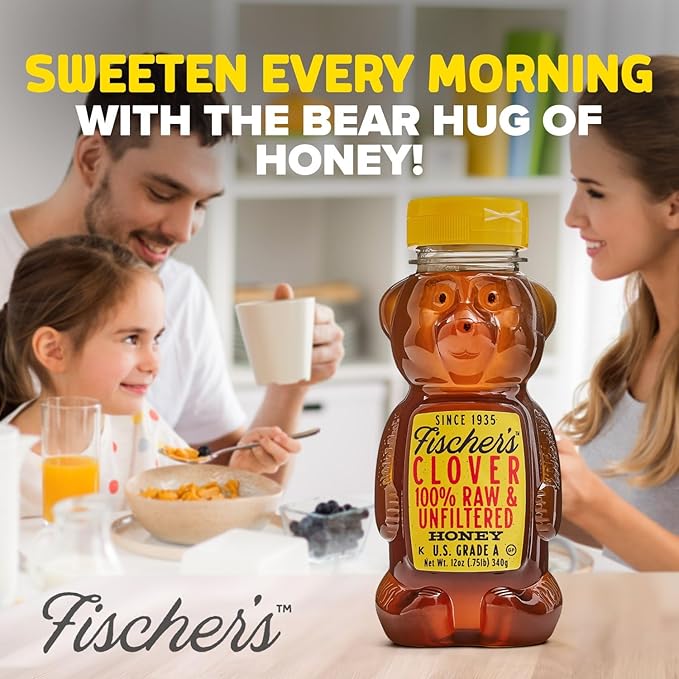 Fischer's Clover Honey, 12 Oz – 100% Pure, Raw & Unfiltered Honey – Squeezable Bear Bottle – Gluten-Free, Non-GMO – All-Natural Sweetener