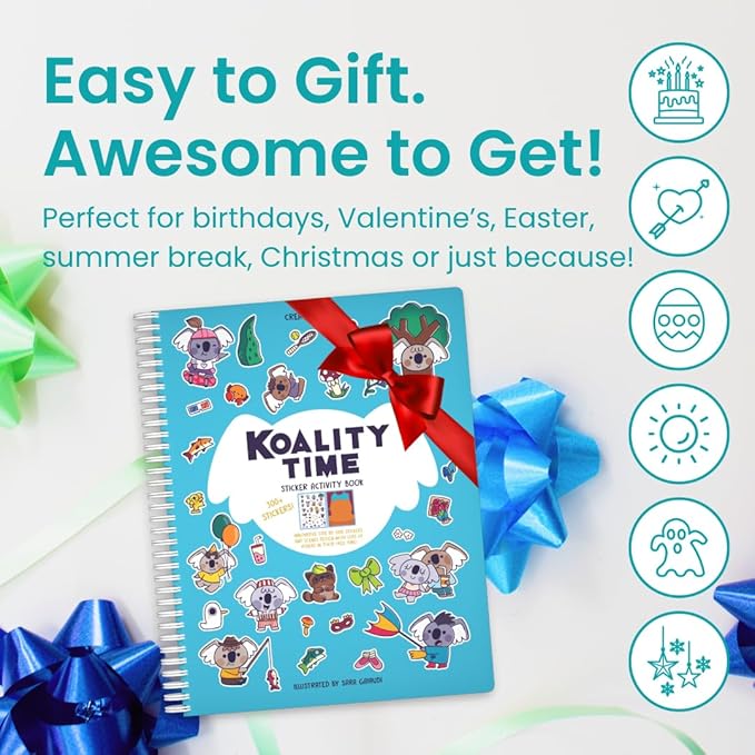CUPKIN Koalas Sticker Book Activity for Kids, Toddler Airplane Travel Essentials, 300+ Koala Stickers for Children + 8 Scenes + Coloring Pages, Koala Bear Lover Gift Kids Crafts for Ages 2–8