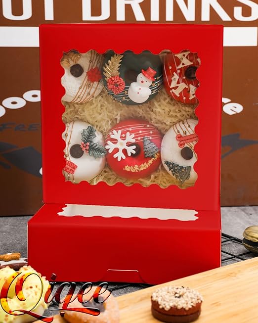 qiqee Red Pastry Box With Window 8x8x2.5 inch Donut Pie Boxes 30pcs Bakery Box Auto-pop up
