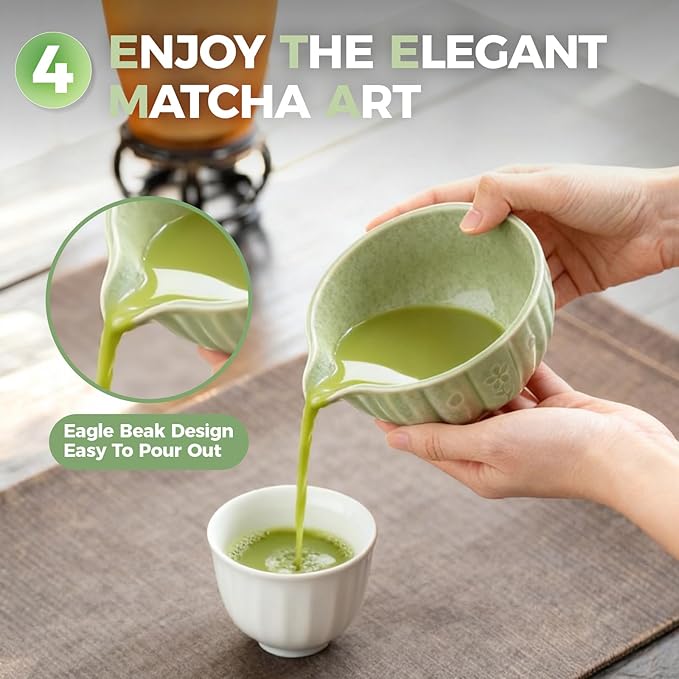 Matcha Whisk Set-5pcs, 16OZ Japanese Tea Set Includes Matcha Bowl with Spout, Bamboo Whisk with Ceramic Holder, Bamboo Scoop and Stainless Steel Sifter