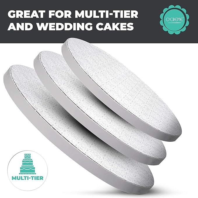 O'Creme White Cake Circles, Gorgeous Design, Sturdy & Durable 1/2' Thick, Round Boards with 8' Diameter, Pack of 5 Disposable Cake Drums