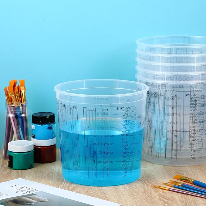 Mifoci 30 Pcs 160 oz Graduated Paint Mixing Cups 5 Quart Disposable Clear Paint Mixing Bucket Plastic Epoxy Measuring Cups with Mixing Ratios on Side of Cup for Paint, Resin, Epoxy, Art