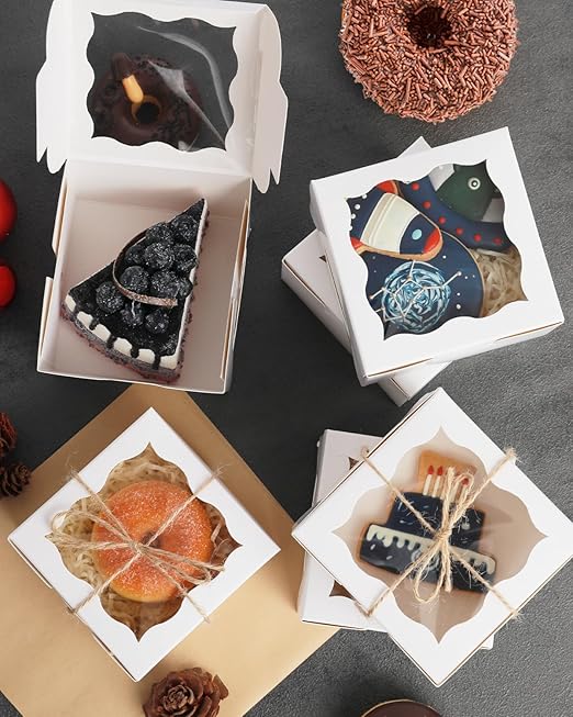 qiqee White Bakery Box with Window 4x4x2.5 inch 30Packs Macaron Boxes Small Donut Pastry Boxes for Party Mini Cookie Boxes