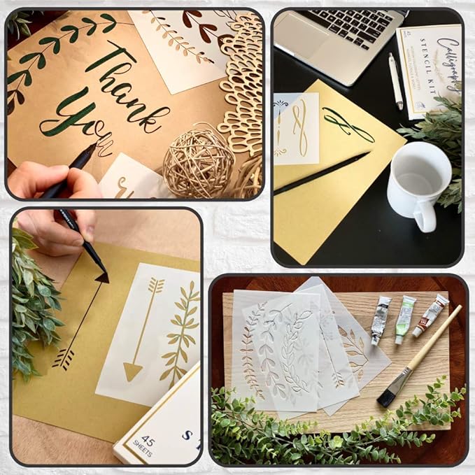 Boutique Calligraphy Stencil Template Kit - 45 Reusable Pieces - Includes Lettering Upper and Lowercase Both Large and Small, Numbers, Punctuation, Laurels and Flowers - for Arts Crafts Painting Wood