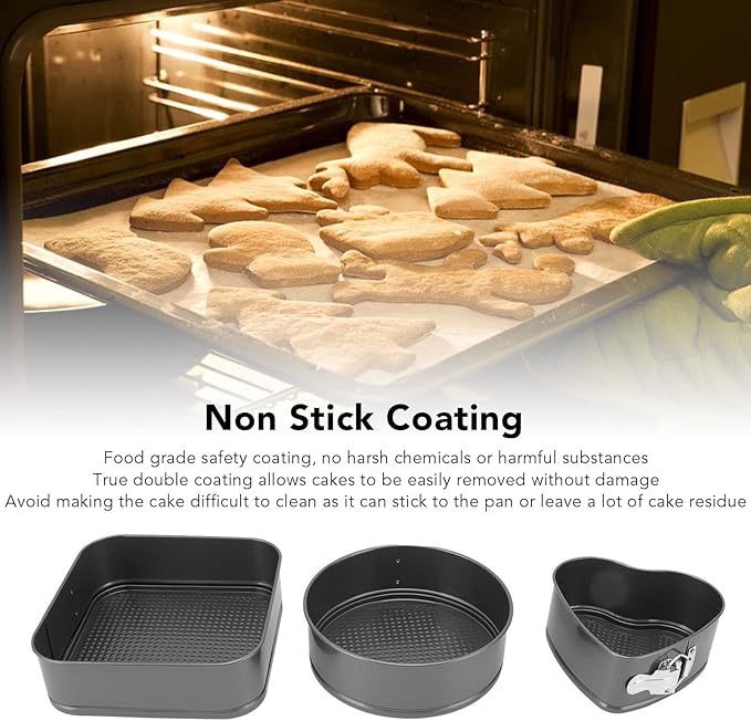 3Piece Cake Pan Set, Carbon Steel Round Heart Square Springform Pan Kit for Easy Release Baking in Kitchen (24/26/28)