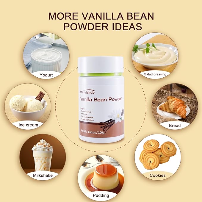 Vanilla Bean Powder, 3.53oz / 100g, 100% Pure Ground Vanilla Bean Powder, No Additives, Vegan, Great for Coffee, Desserts, Cooking, Baking