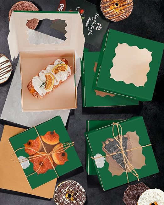 qiqee Deep Green Cookie Boxes with Window 36packs 6x6x3 Deep Green Bakery Box Pastry Box for Wedding Favor Birthday & Party