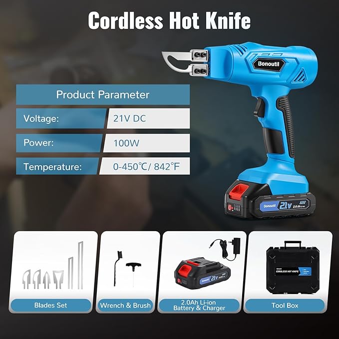 21V Cordless Hot Knife Foam Cutting Tools with 6 Blades 2.0Ah Battery Powered 5-Second Quick Heating Electric Cutting Tool Air Cooling System for Plastic, Rope Cutting Craft Shears