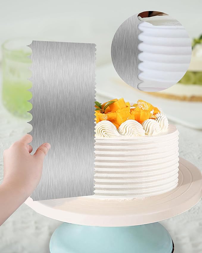 Cake Scraper Smoother Cake Decorating Supplies Kit 8.6 Inch Metal Bench Scraper for Baking Buttercream Smoother Stainless Steel Frosting Cake Comb Edge Side Jagged Comb for Cream Cake-4
