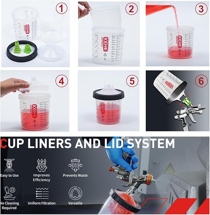 Disposable Paint Cups for Spray Gun,Mixing Cups 26 Ounce (800ml) Kit with 10 Liners and Lids with Strainer System for HVLP&LVLP,1 Hard Cup with Retainer Ring,5 Plugs,1 Cap,1 Wash Bottle