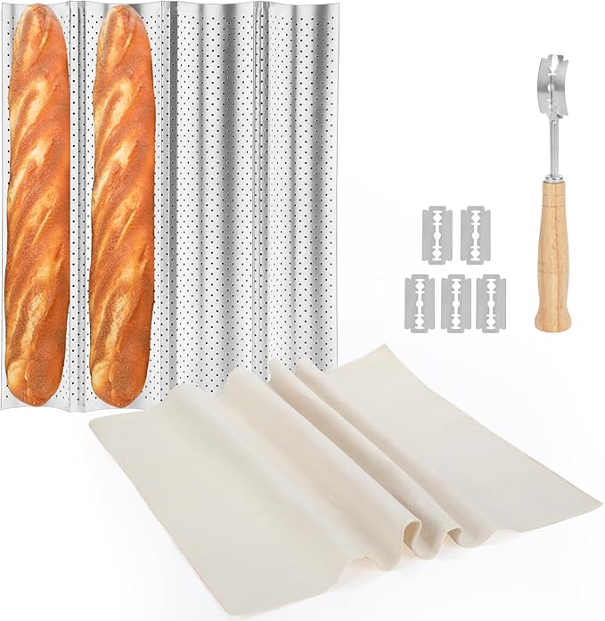 Silver French Baguette Bread Pan Kit, Non-Stick Baguette Tray with Proofing Cloth, Bread Lame for Baking